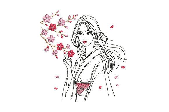 Japanese Girl with Sakura Flowers