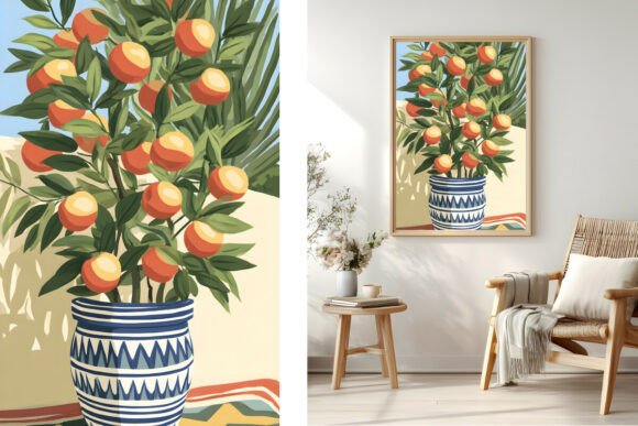 Orange Tree Blue Pot Botanical Print