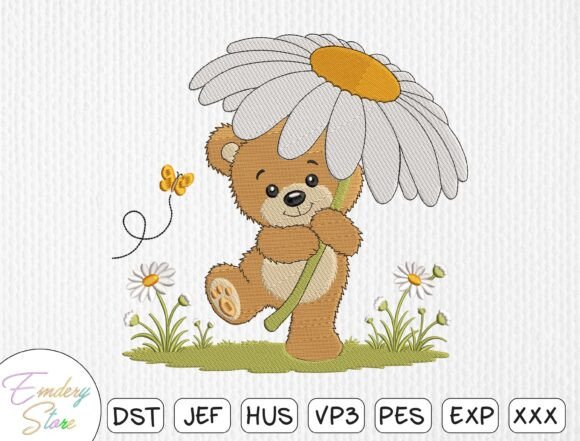 Teddy Bear with Daisy Embroidery Design