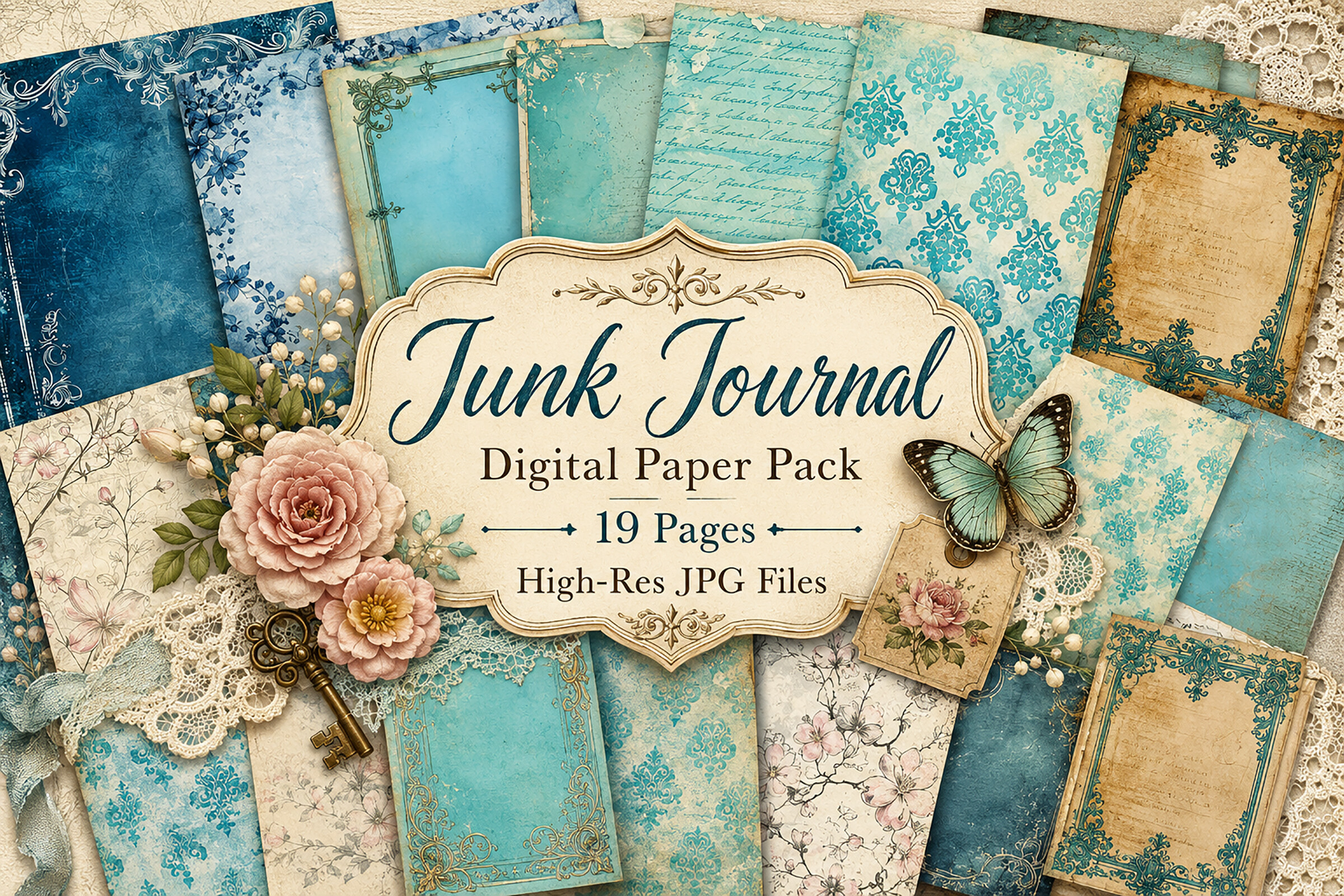 Vintage Blue Damask Junk Journal Paper