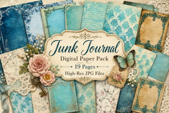Preview of Vintage Blue Damask Junk Journal Paper