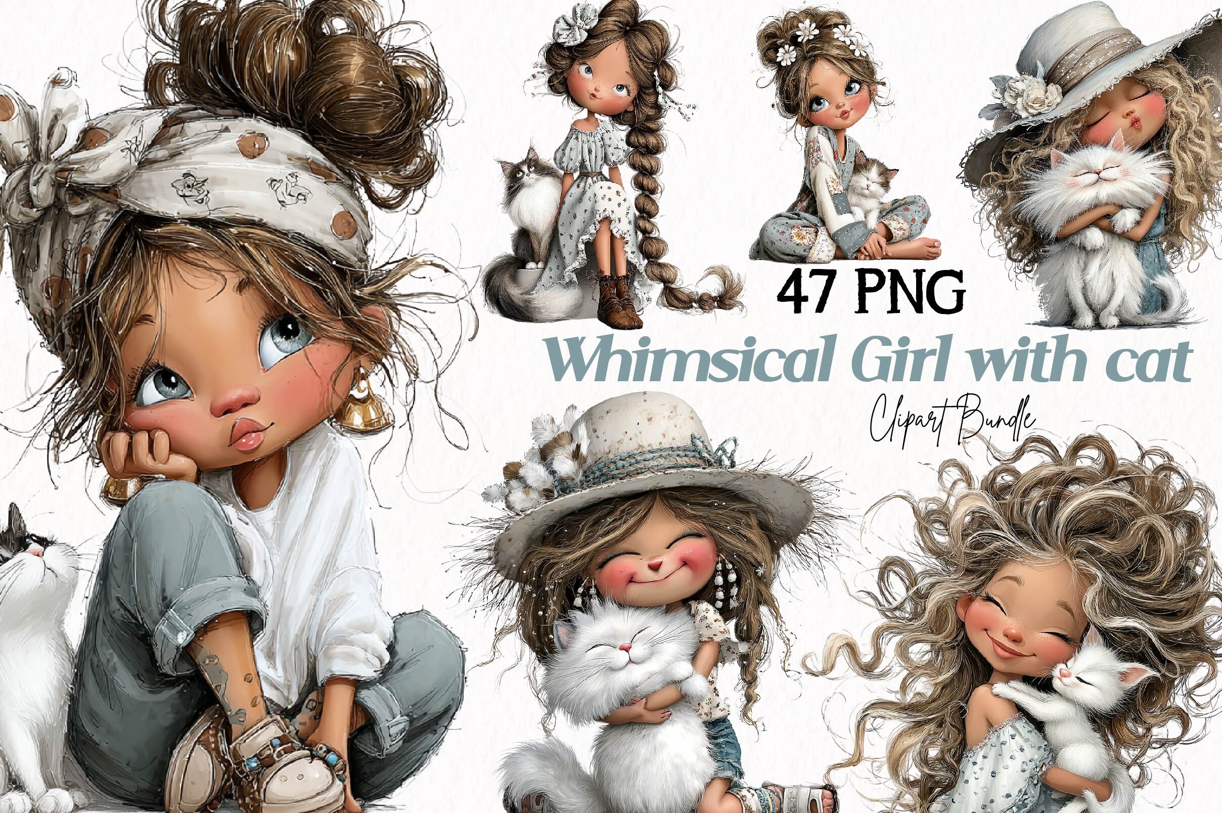 Whimsical Girl with Cat Clipart Graphic by Print Magic · Creative Fabrica