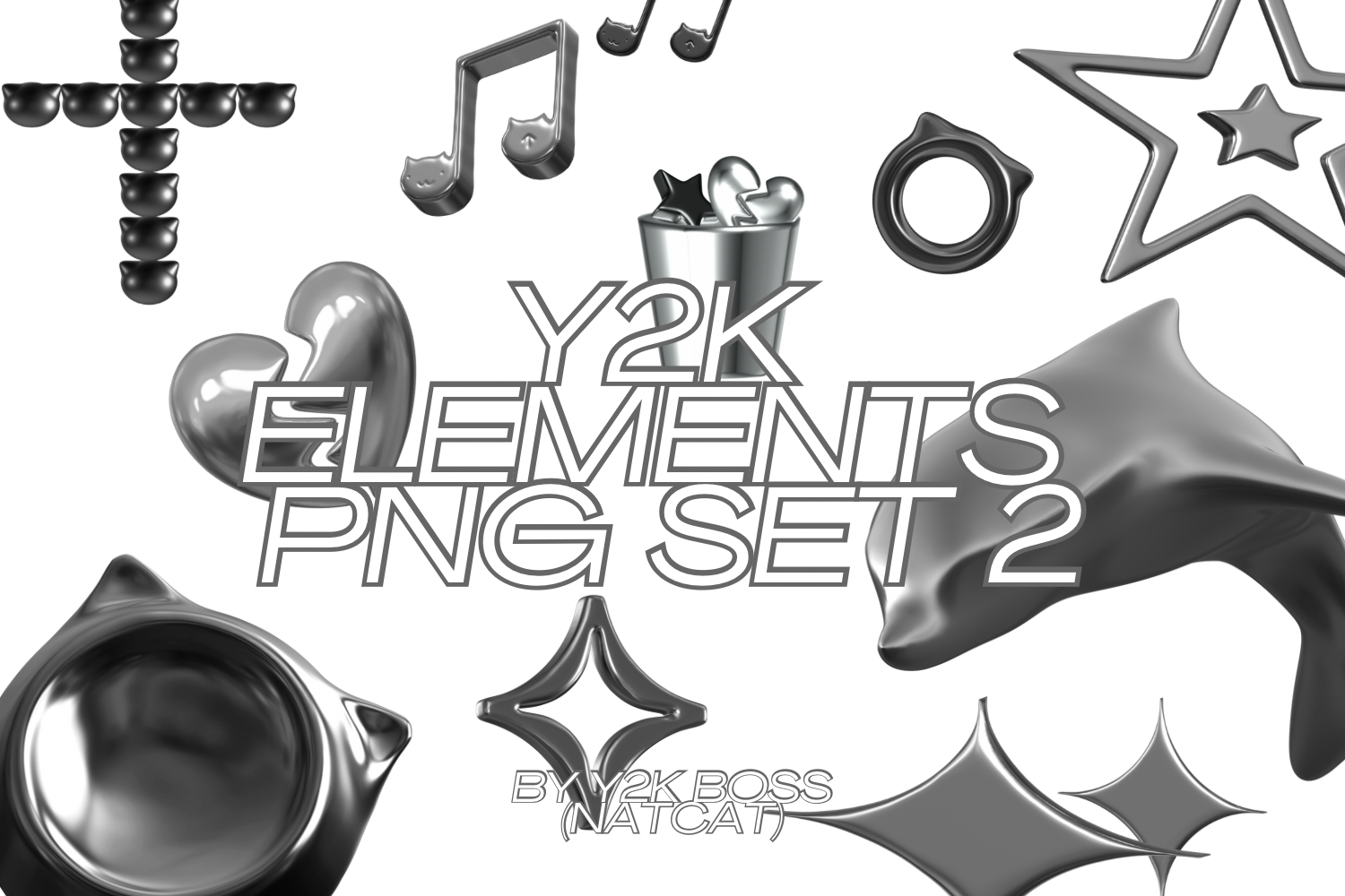 Y2K Chrome 3D Elements PNG Set 2