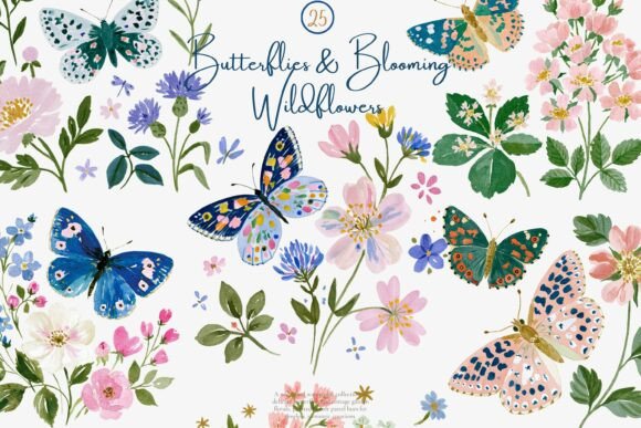 Watercolor Butterfly Wildflower Clipart