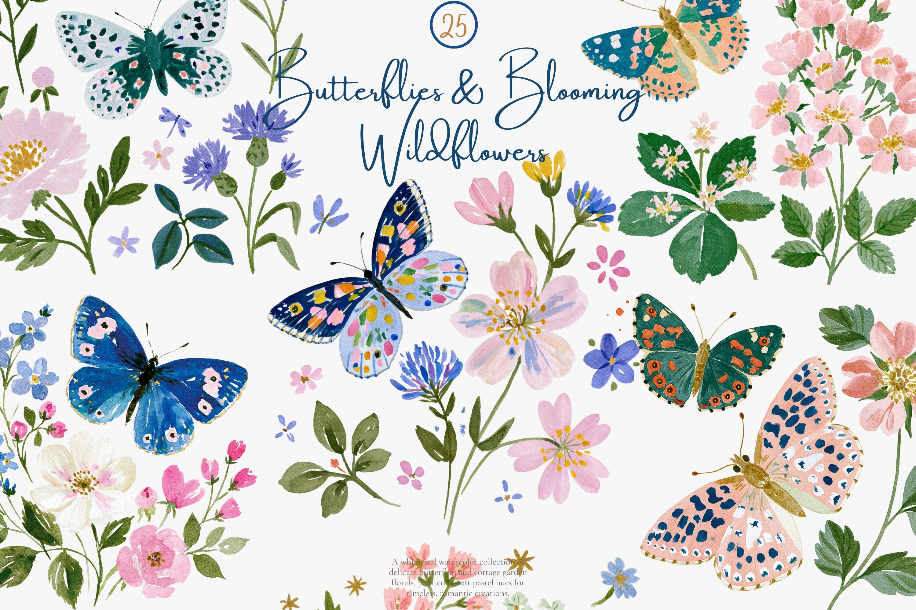 Watercolor Butterfly Wildflower Clipart