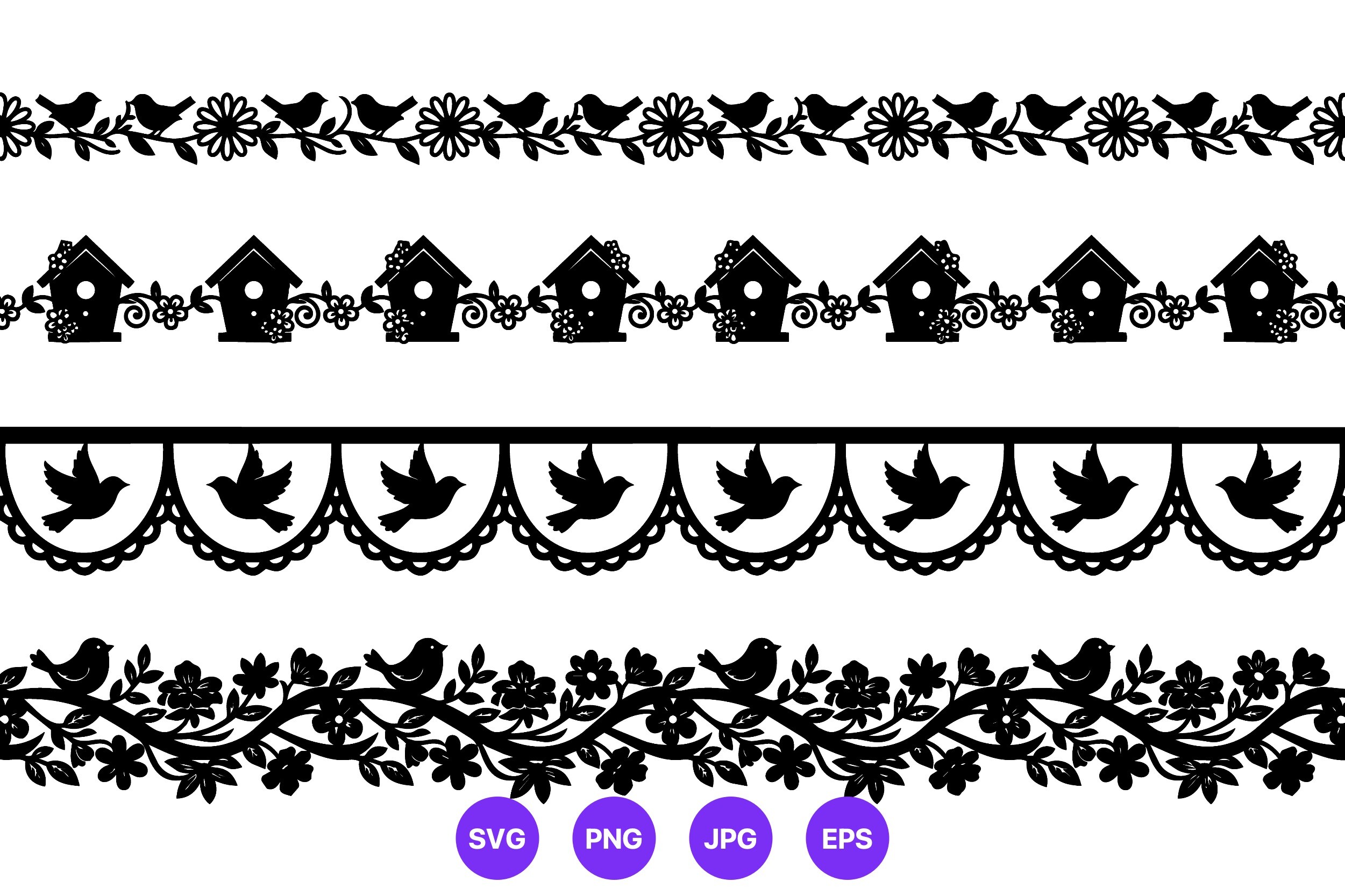 Bird Houses and Birds Black Border