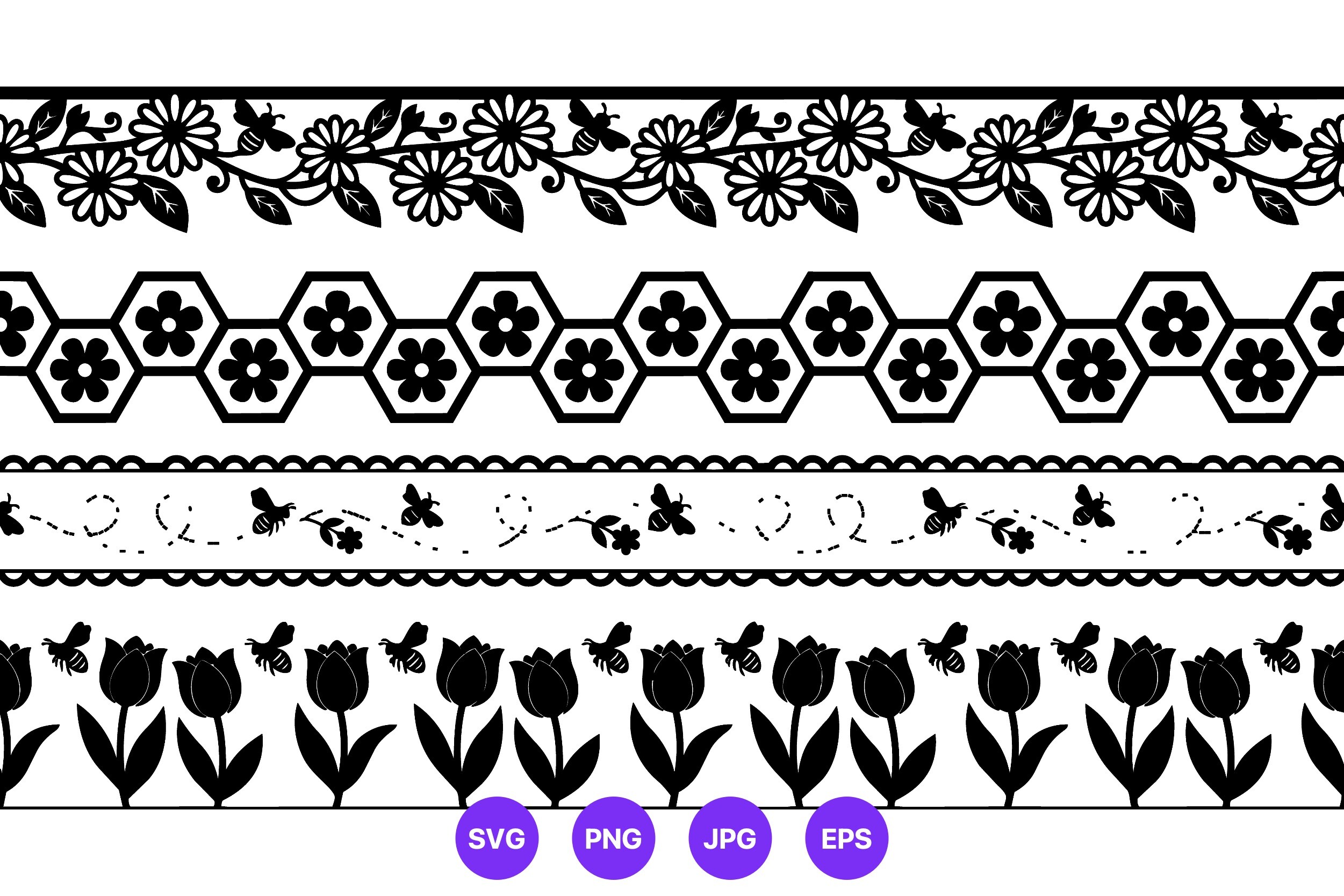 Black and White Floral Bee Border