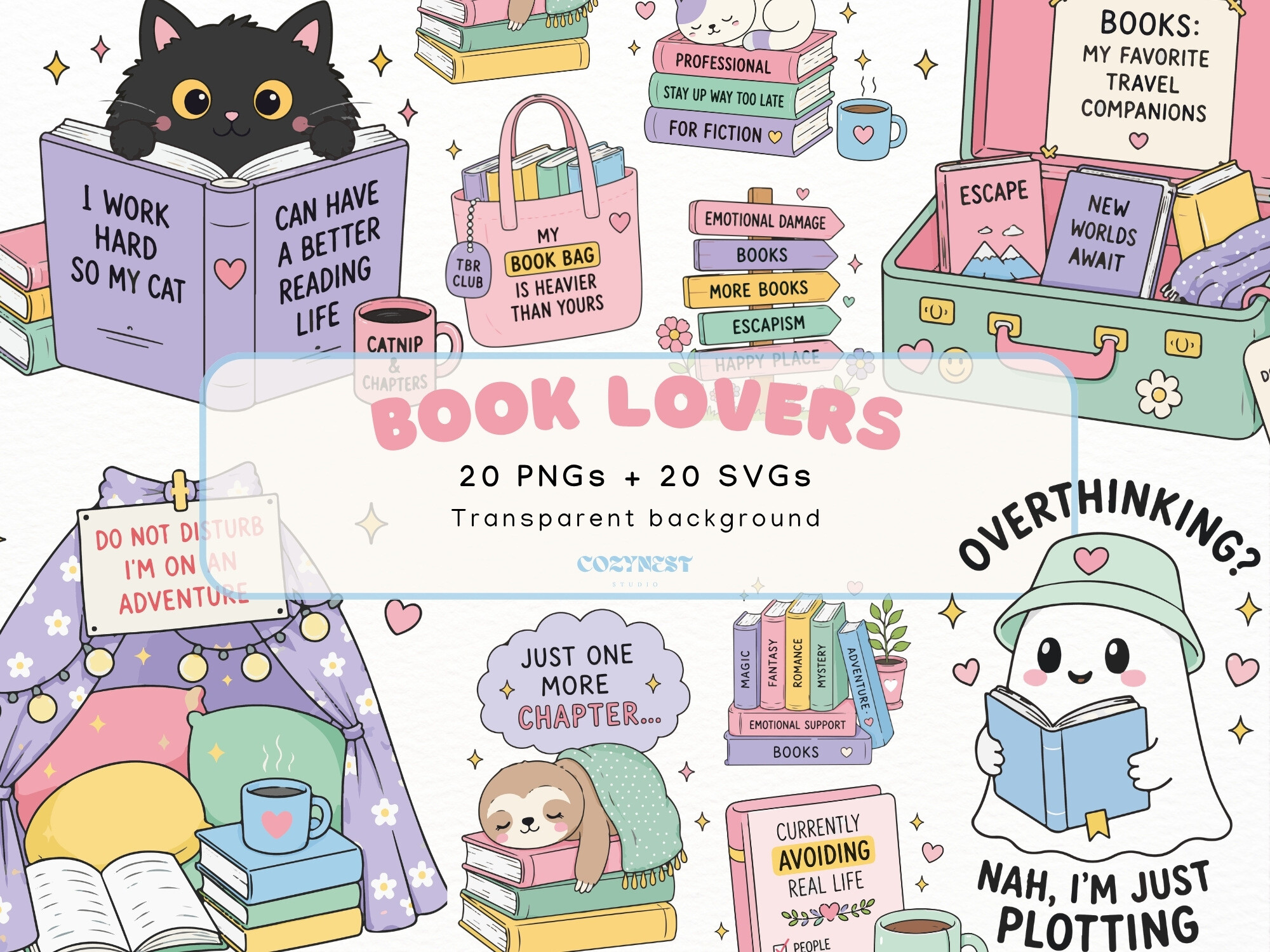 Book Lover Pastel Cliparts, Booktrovert