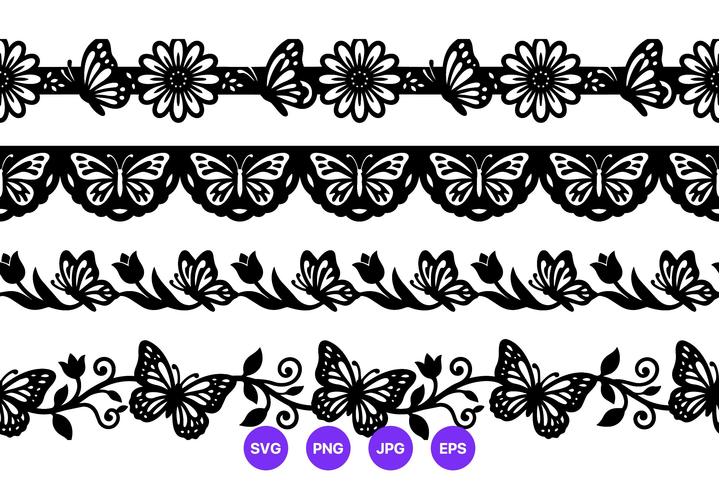 Butterfly Floral Border Black White