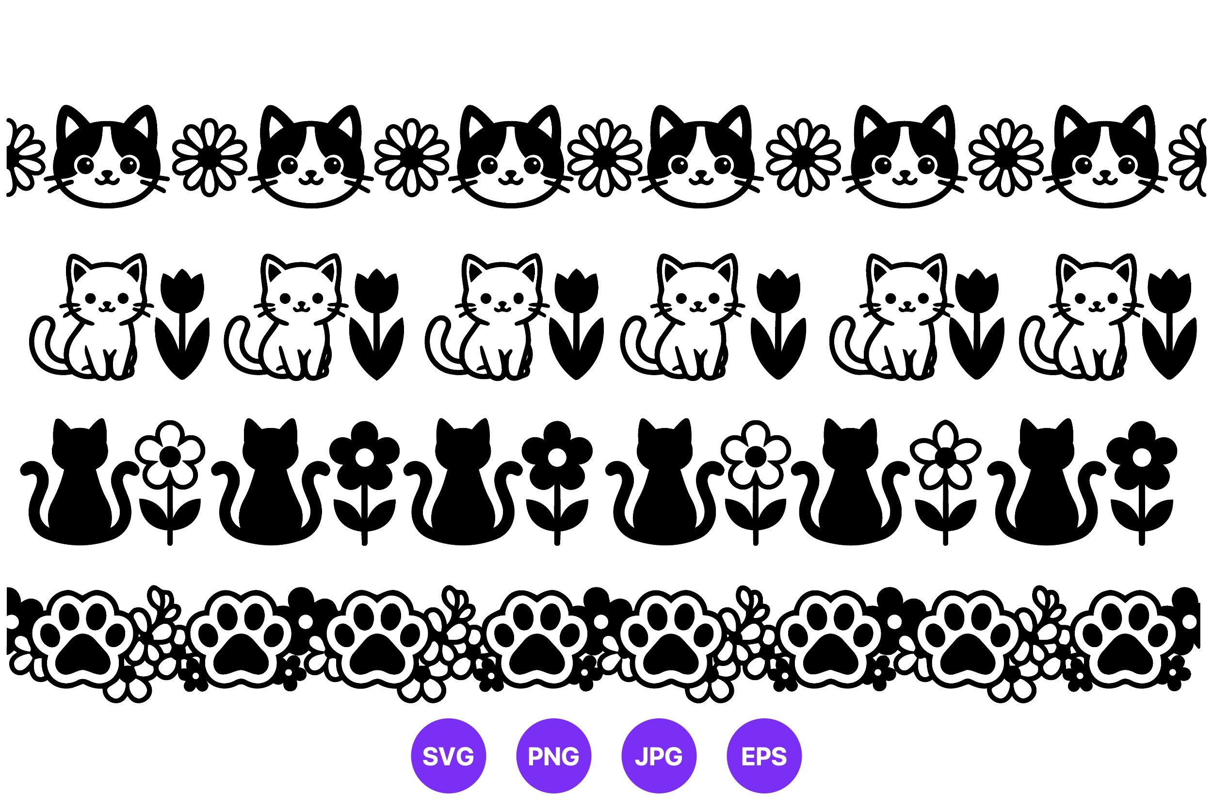 Cat Faces Paw Prints Floral Border