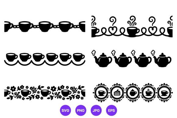Coffee Cups and Teapots Black Border