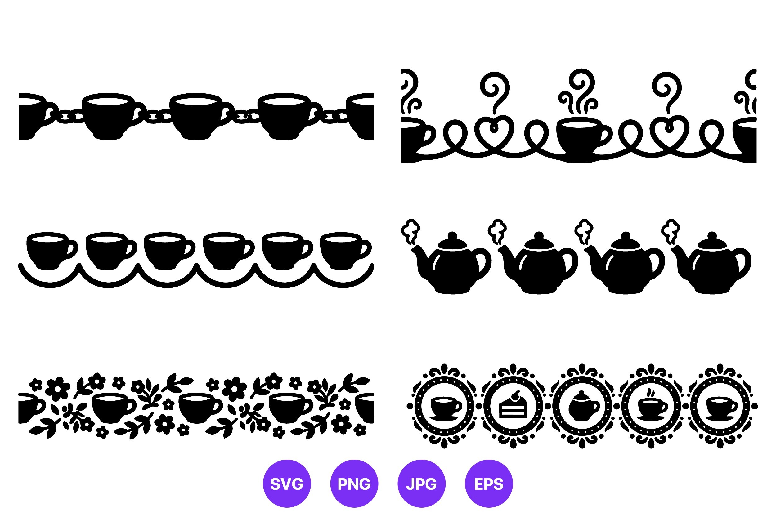 Coffee Cups and Teapots Black Border
