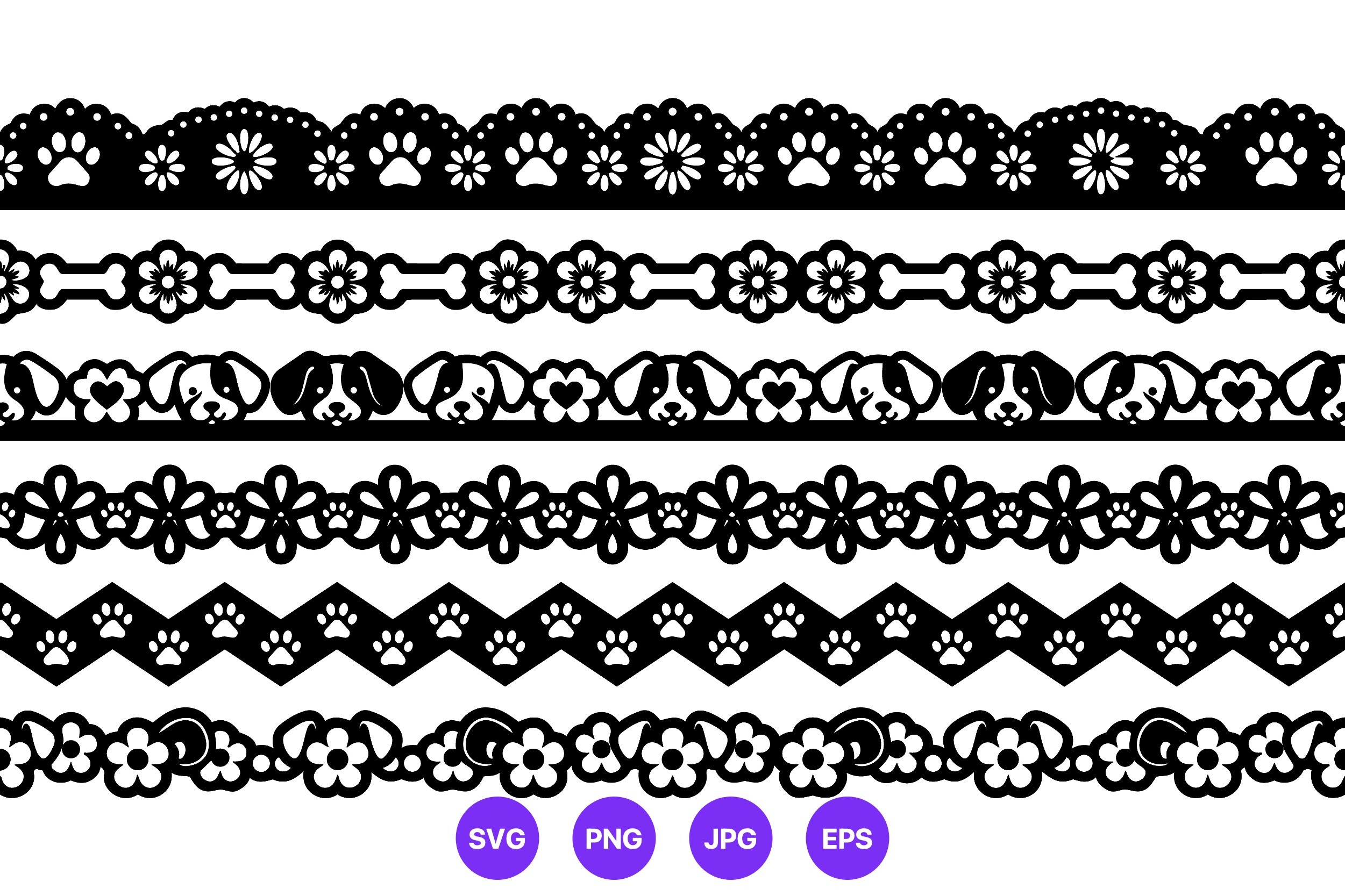Dog Face Paw Floral Border Vector Art