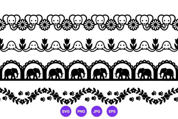 Elephant Floral Black White Border Art