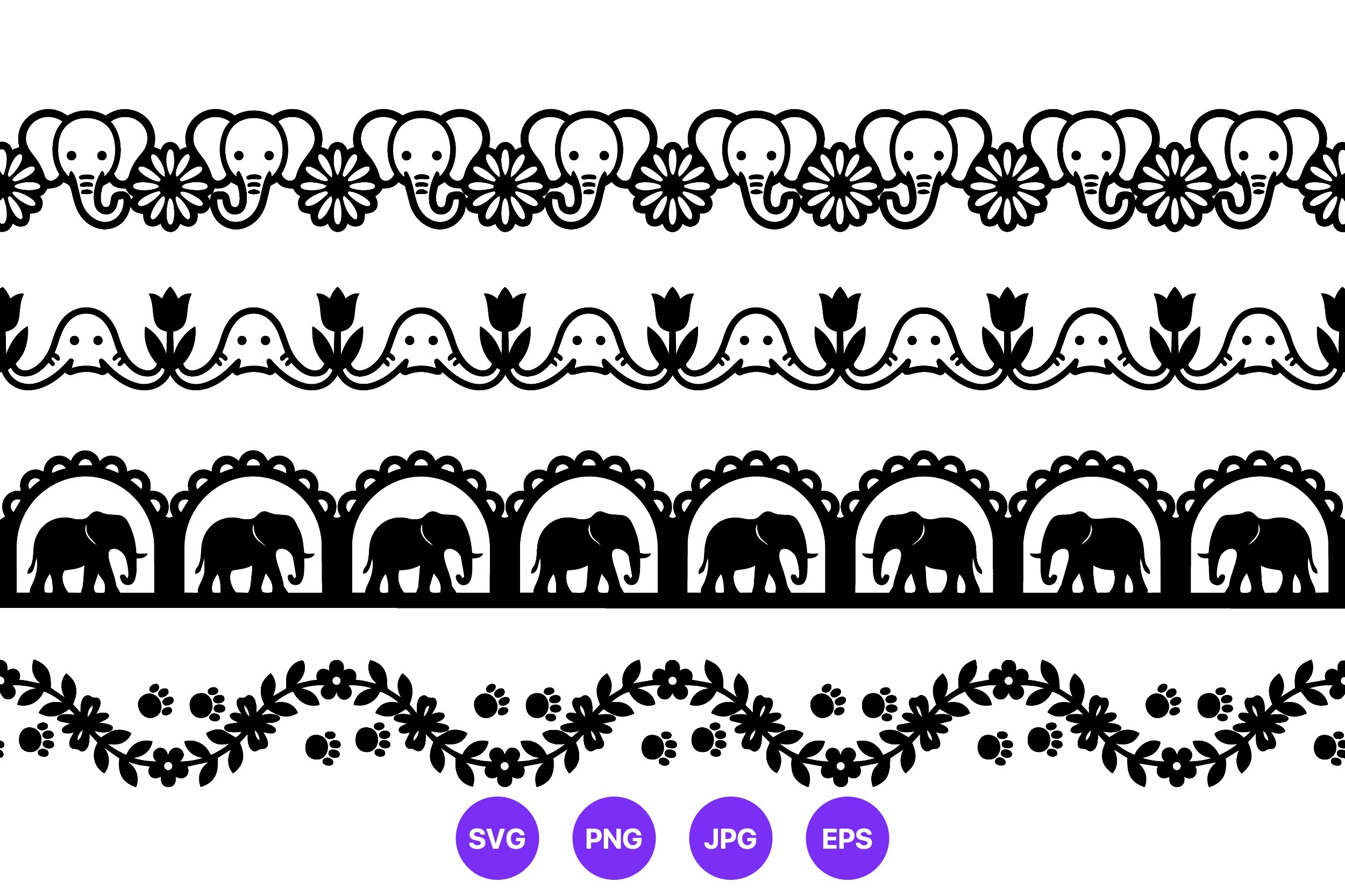 Elephant Floral Black White Border Art