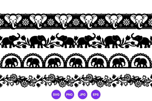 Elephant Floral Border Vector Black