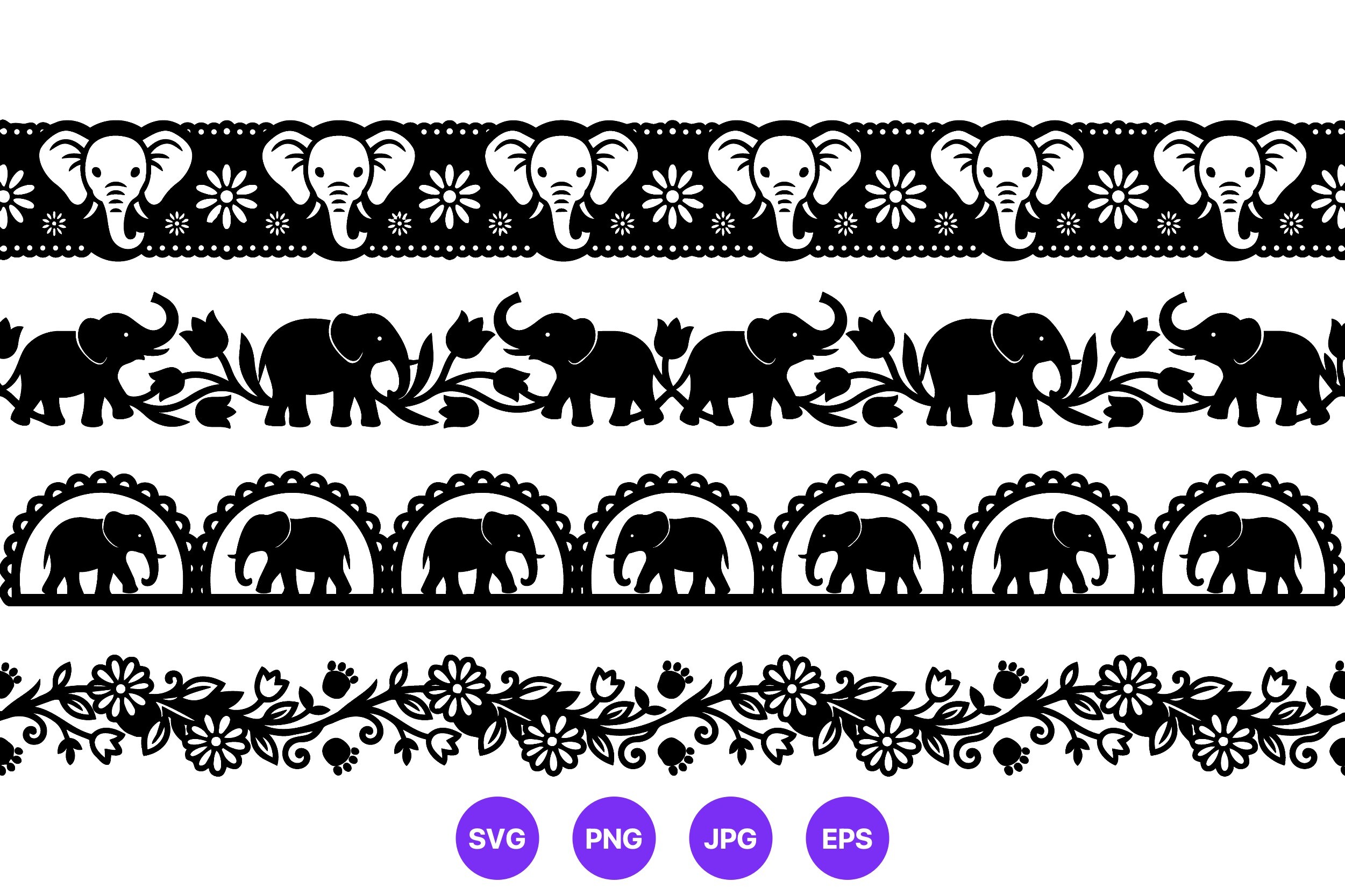 Elephant Floral Border Vector Black