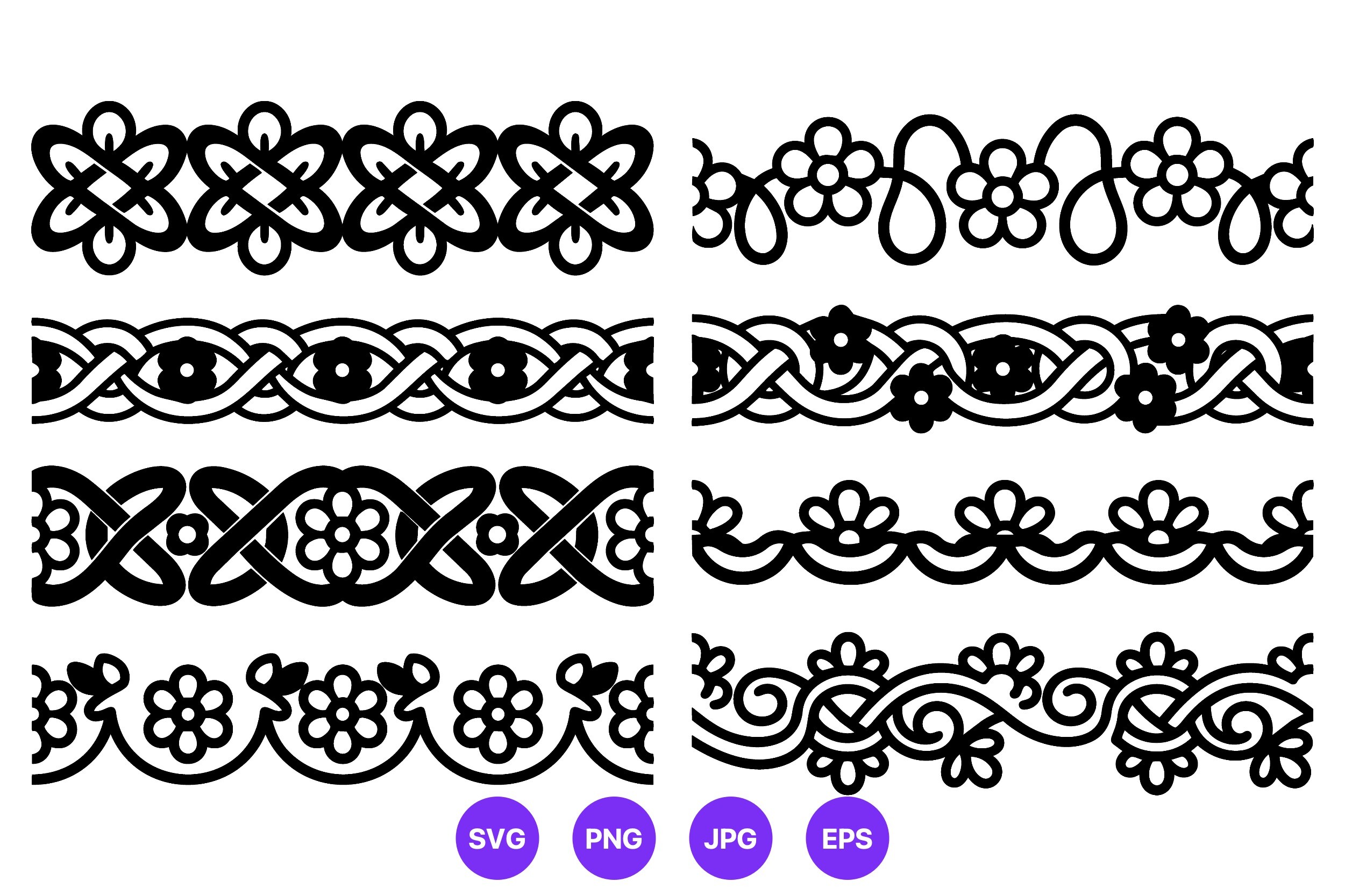 Floral Knot Borders Black White Vector
