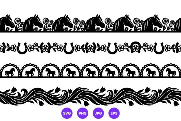 Horse and Floral Seamless Borders Black