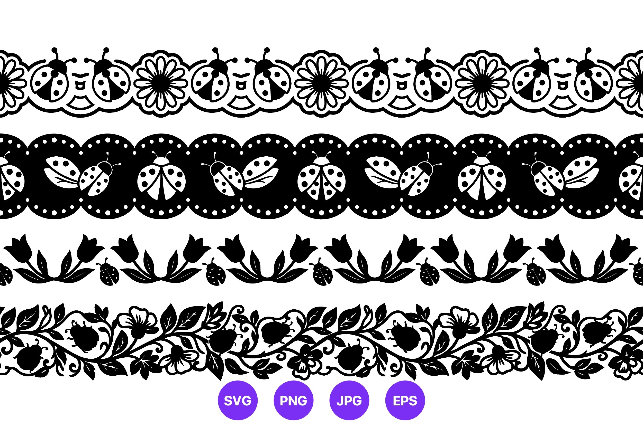 Ladybug Floral Decorative Borders Vector