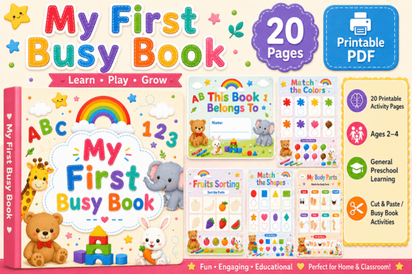My first busy book in a colorful version with bright pages for young children