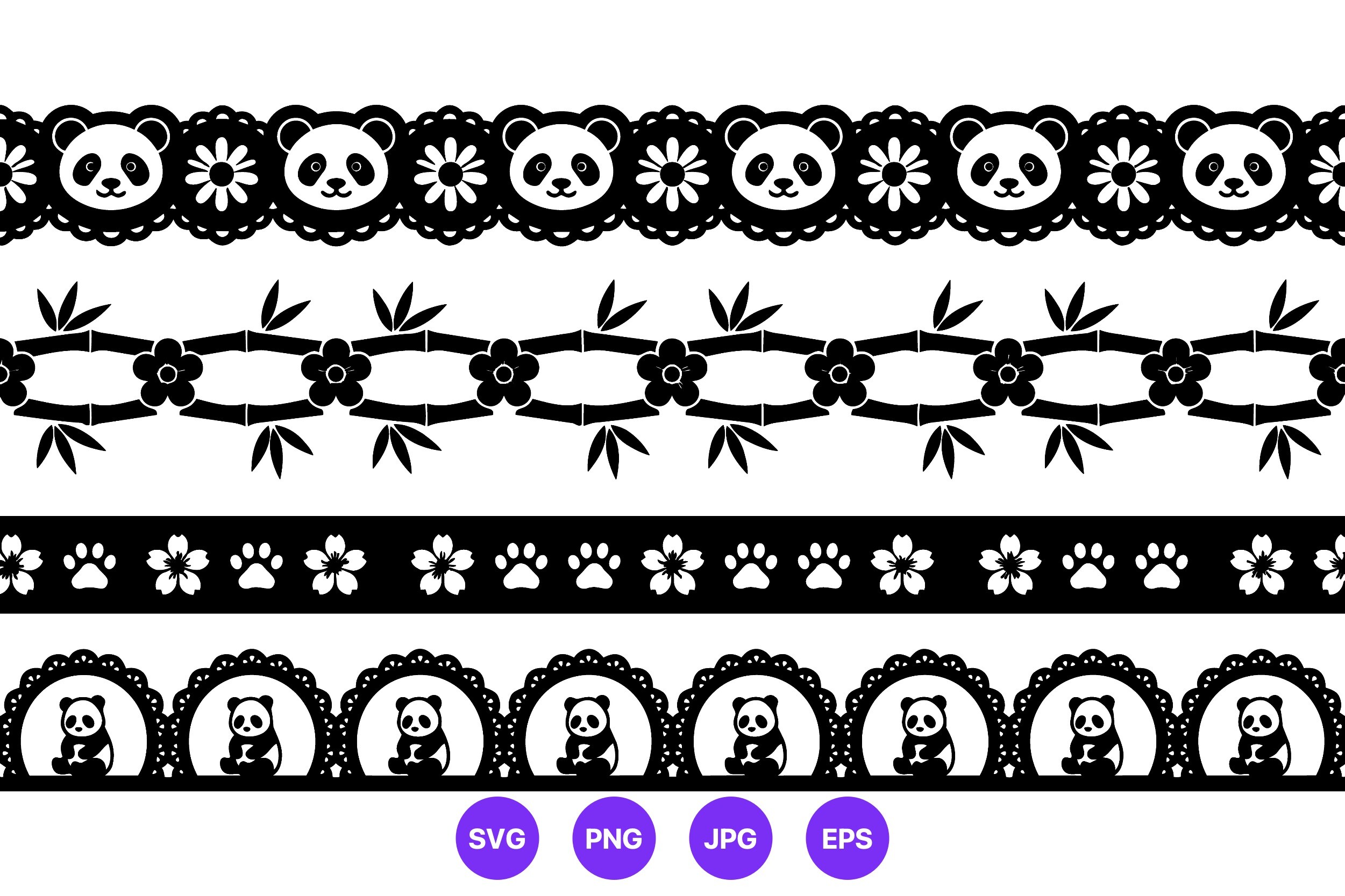 Panda Floral Black and White Borders