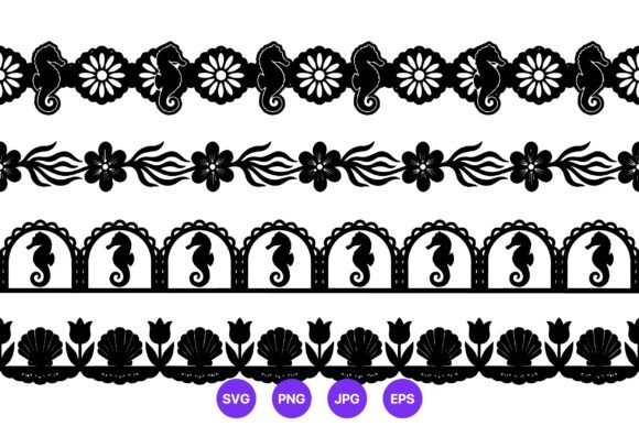 Seahorse and Floral Black White Borders