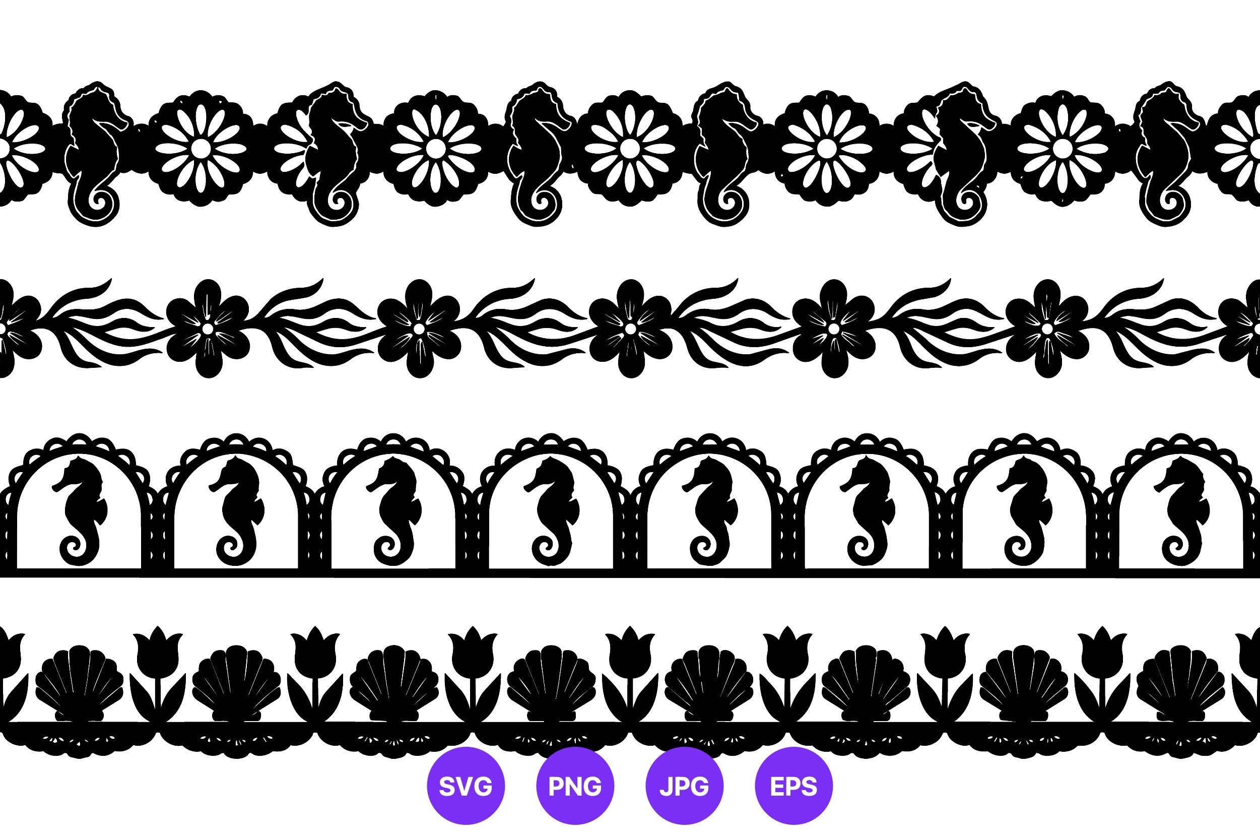 Seahorse and Floral Black White Borders