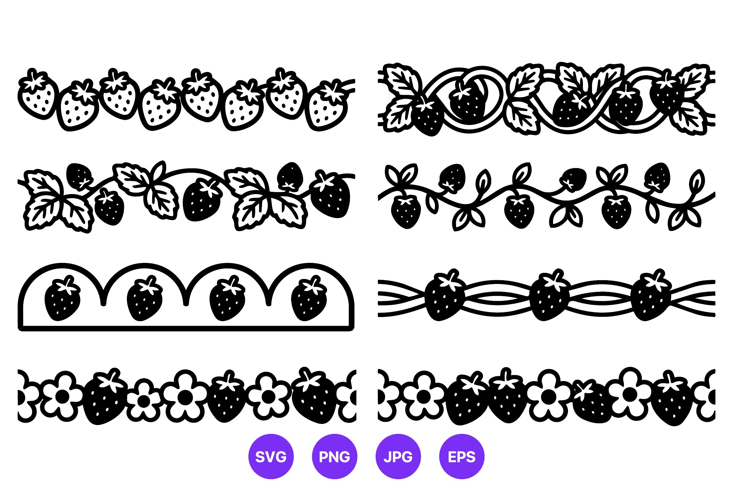 Strawberry Fruit Borders Black White
