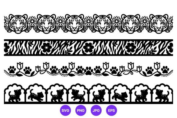 Tiger Head Floral Paw Print Borders