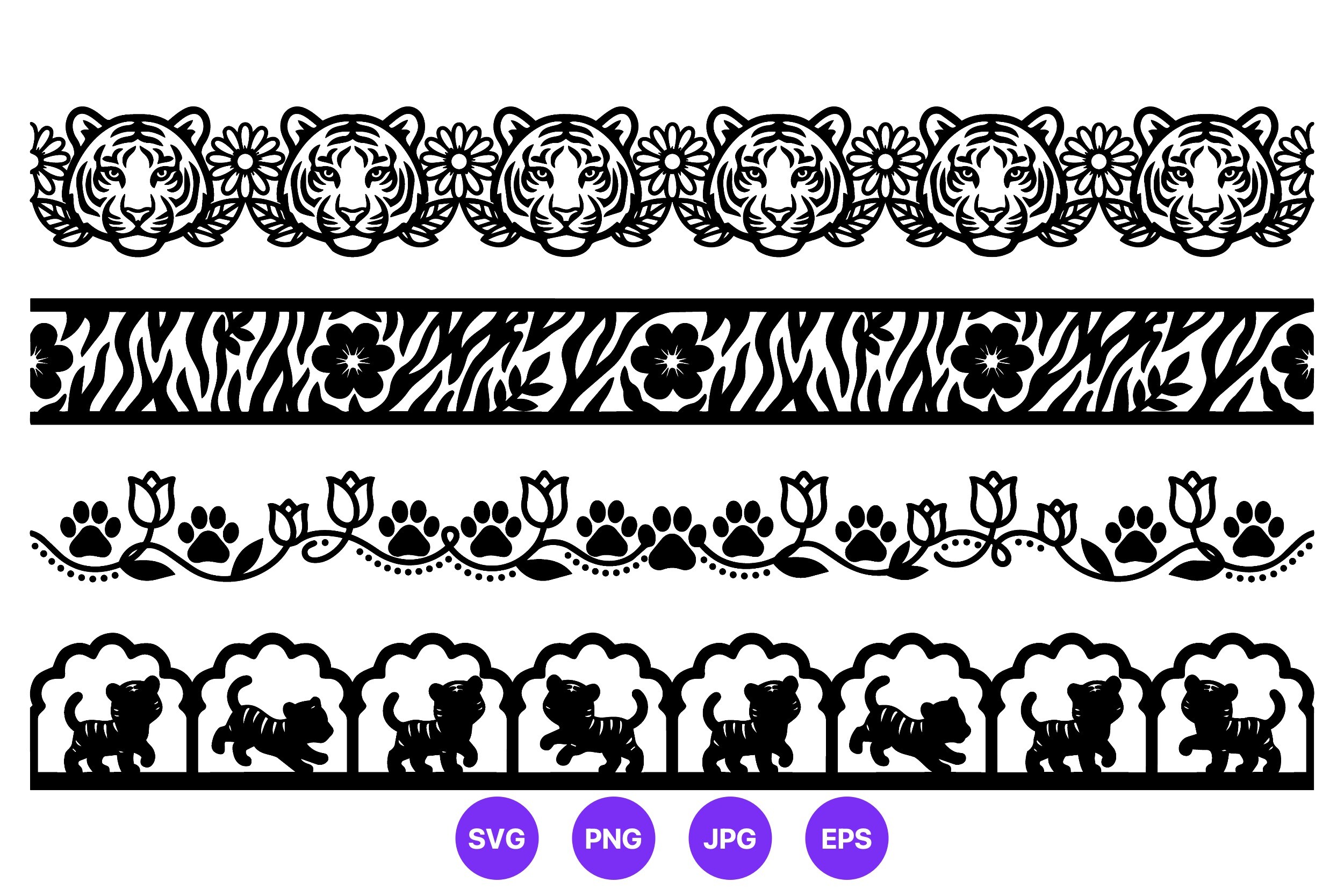 Tiger Head Floral Paw Print Borders