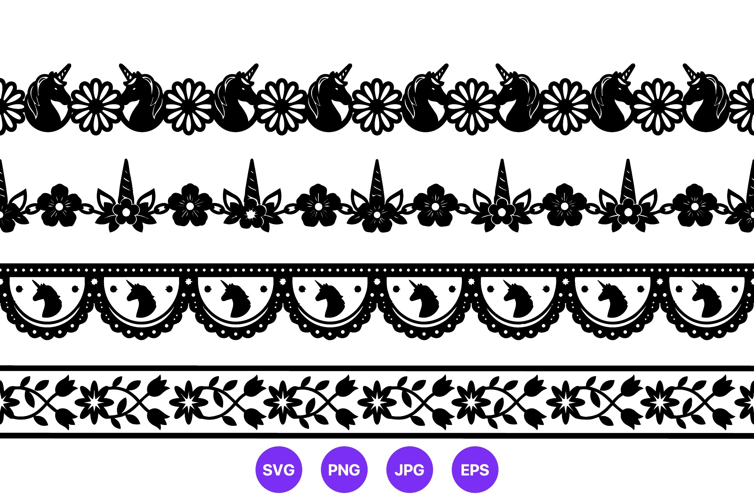 Unicorn Floral Lace Borders Black White