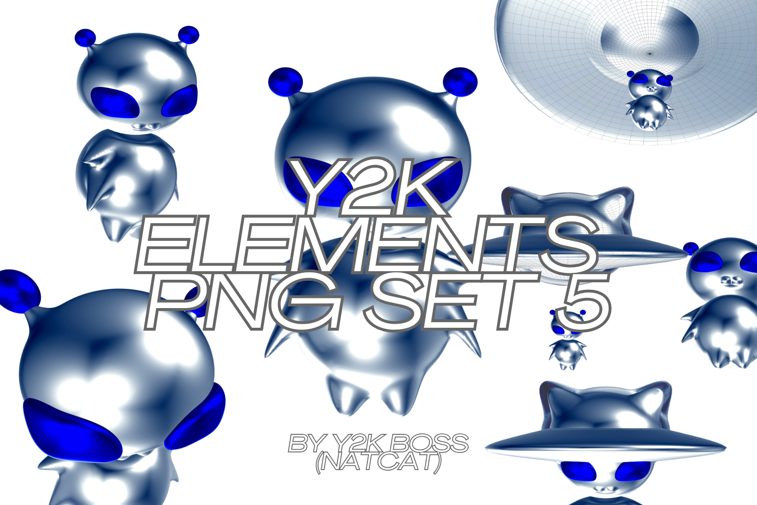 Y2K Chrome Alien Cat PNG Bundle