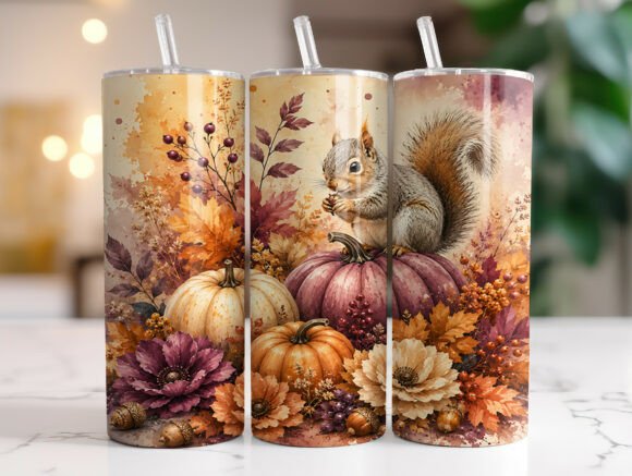 Autumn Squirrel Pumpkins Tumbler Wraps