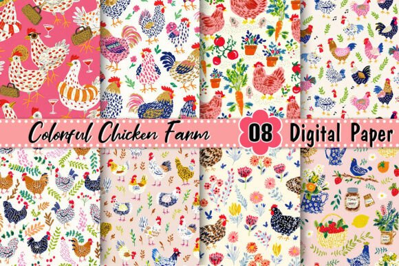 Colorful Chicken Farm Digital Paper