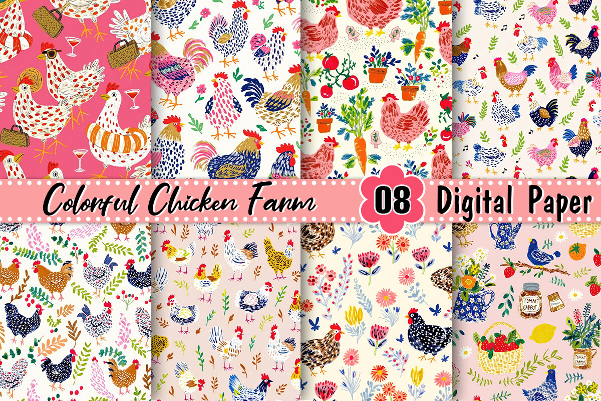 Colorful Chicken Farm Digital Paper