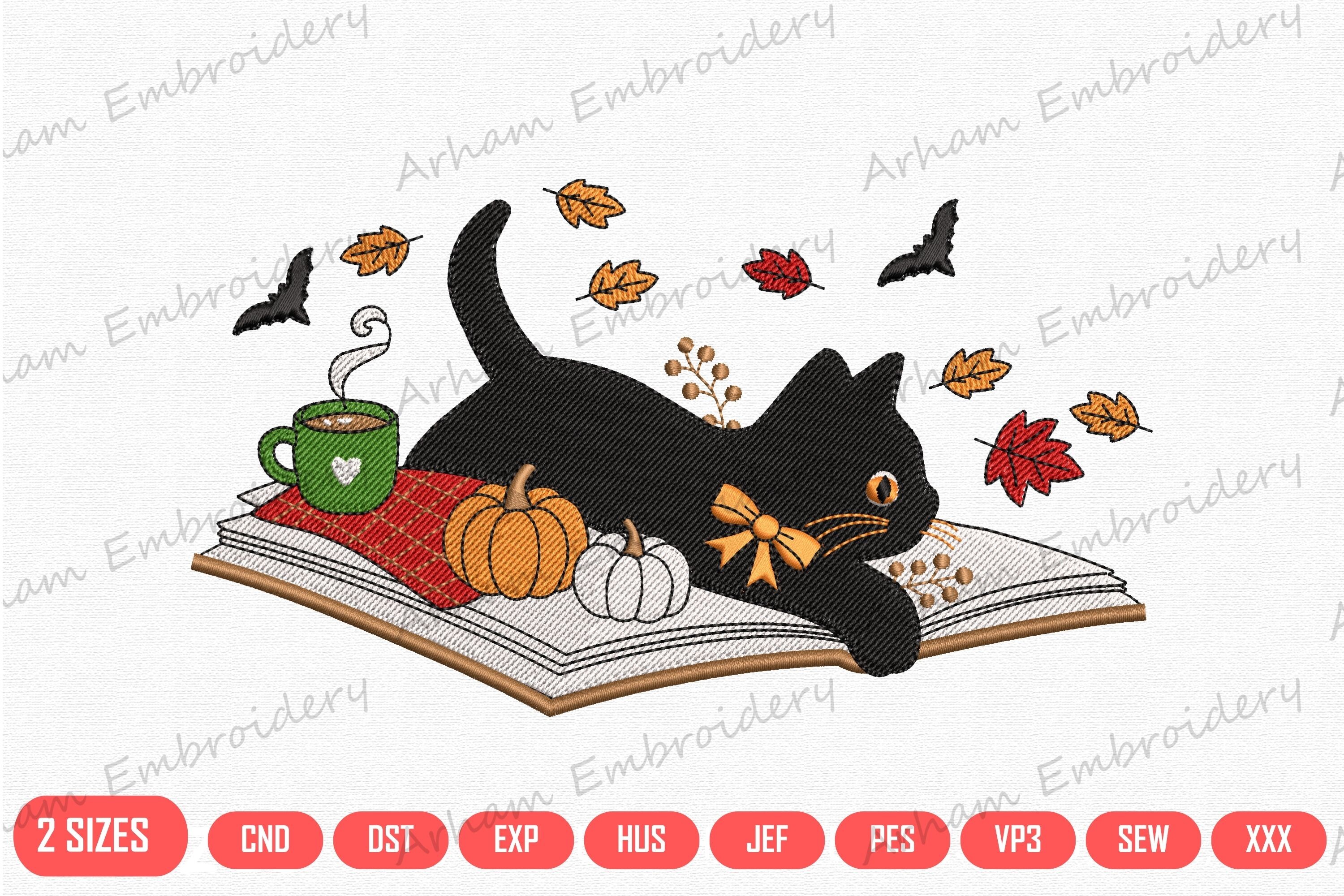 Cozy Fall Black Cat Reading Book