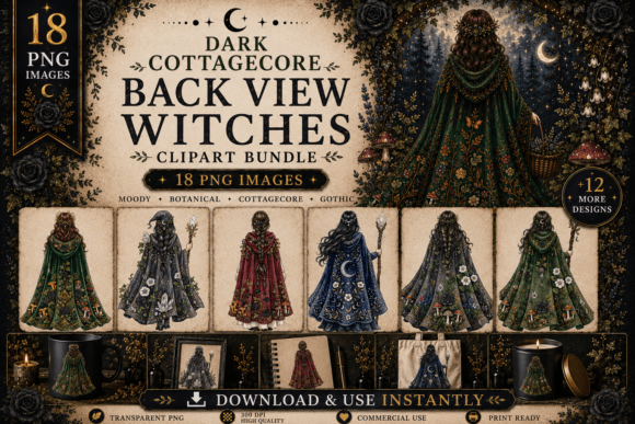 Dark Cottagecore Back View Witch Clipart