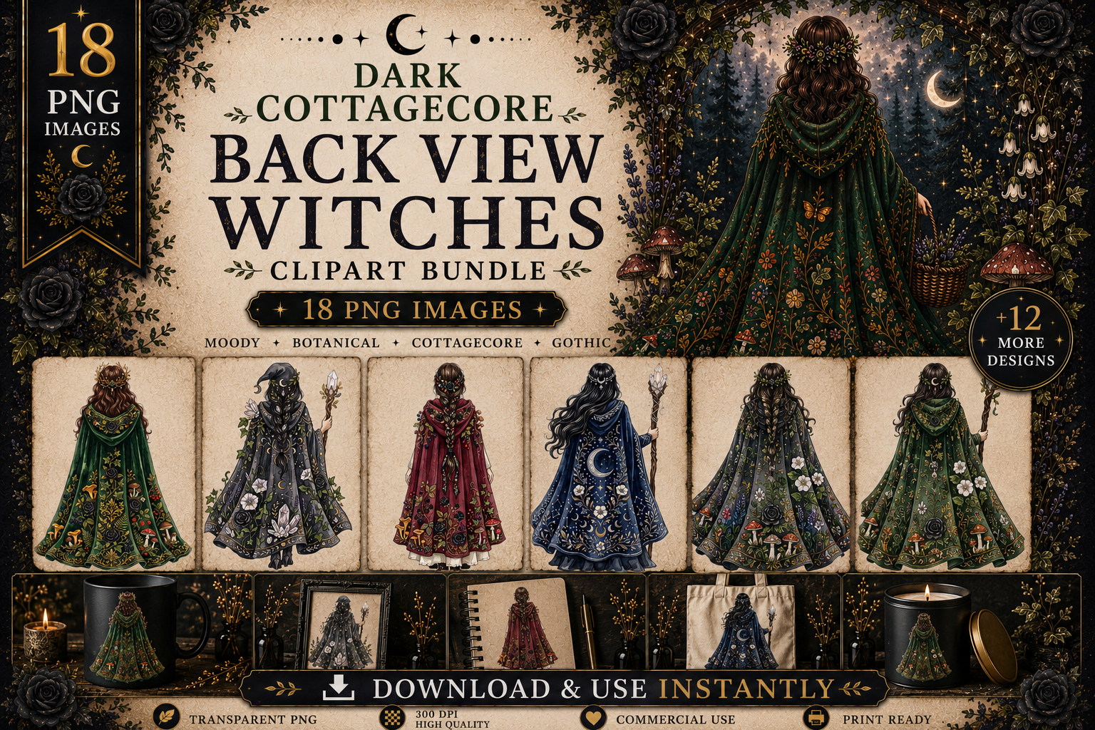 Dark Cottagecore Back View Witch Clipart