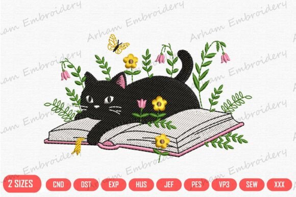 Floral Black Cat Reading Book