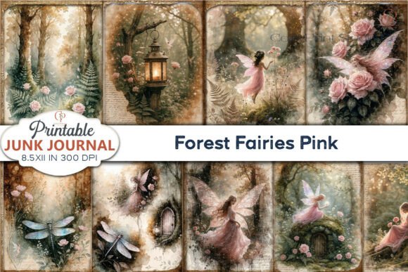 Preview of Forest Fairies Pink Junk Journal Pages