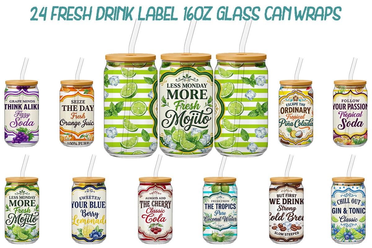 Fresh Drink Label 16oz Glass Can Wrap (24 designs)