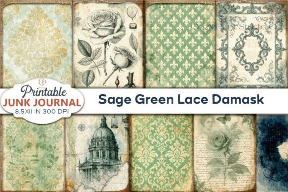 Preview of Sage Green Lace Damask Junk Journal Page