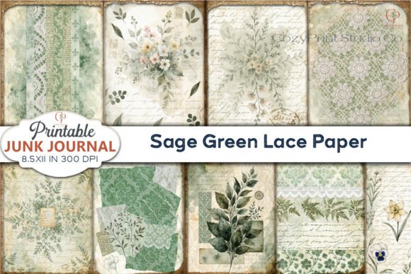 Preview of Sage Green Lace Paper Junk Journal Pages