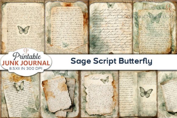 Preview of Sage Script Butterfly Junk Journal Pages