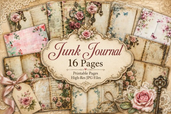 Preview of Shabby Chic Roses Junk Journal Pages