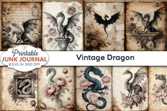Preview of Vintage Dragon Junk Journal Pages