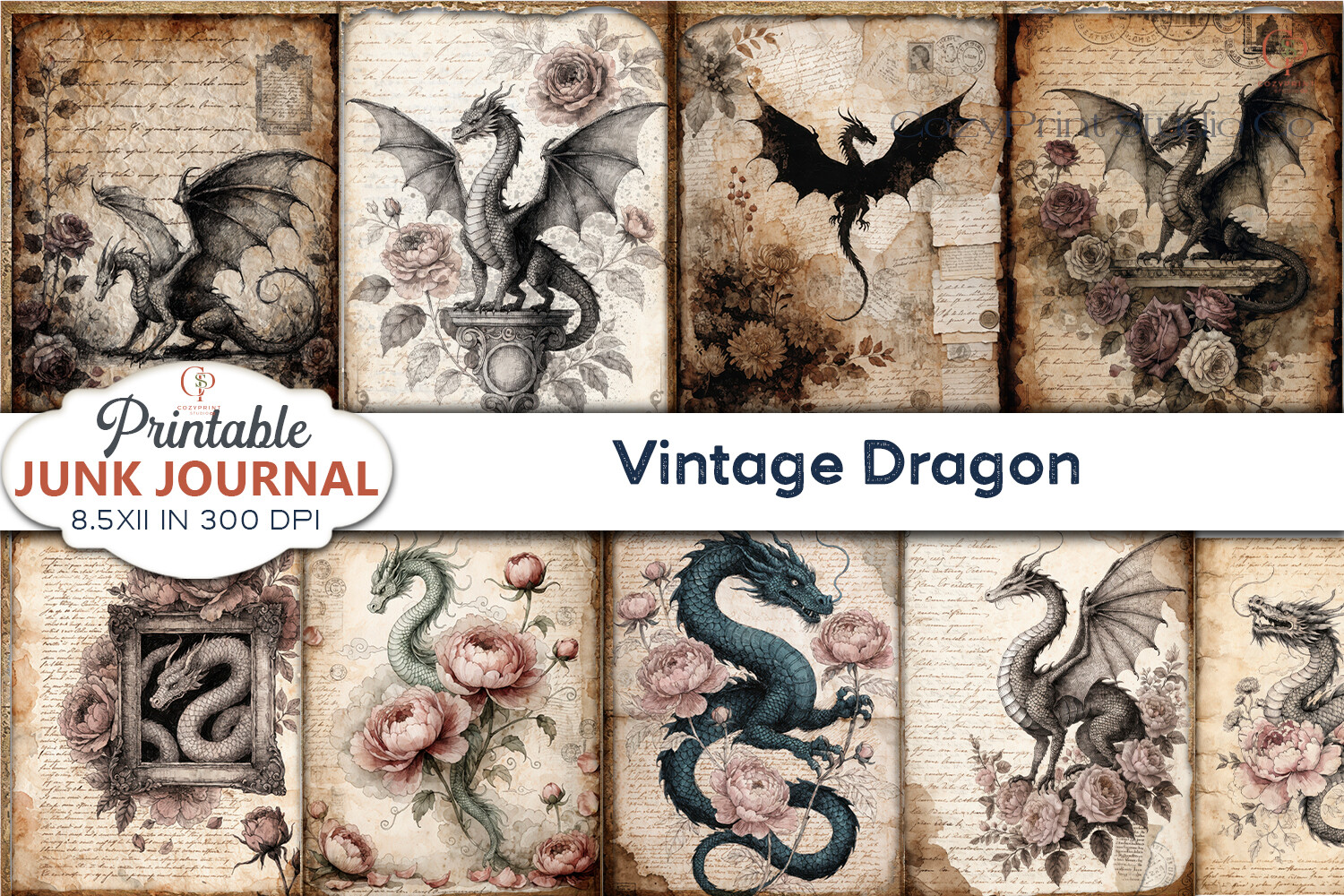 Vintage Dragon Junk Journal Pages Graphic by CozyPrint Studio Co ...