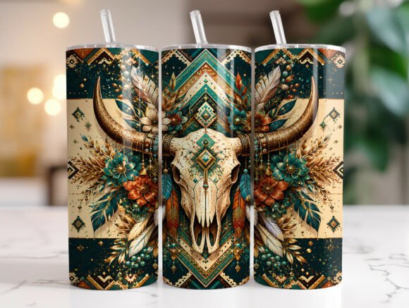Boho Cow Skull Floral 20oz Tumbler Wraps