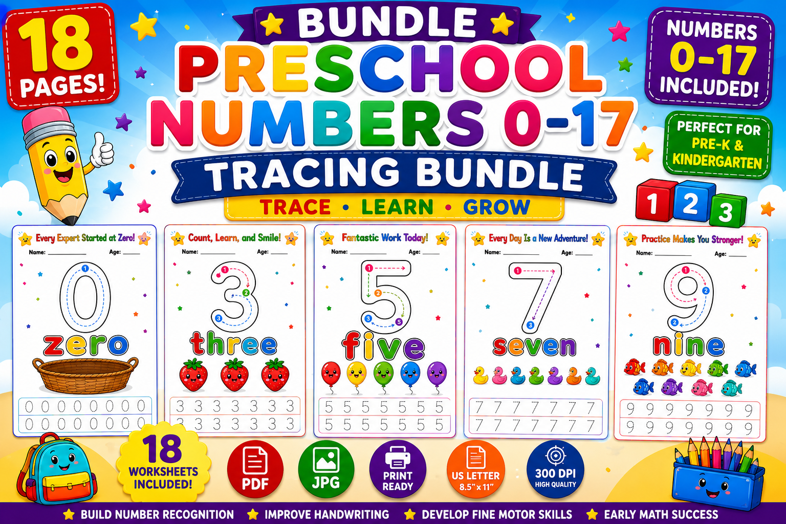 Bundle Preschool Numbers 0–17 Tracing